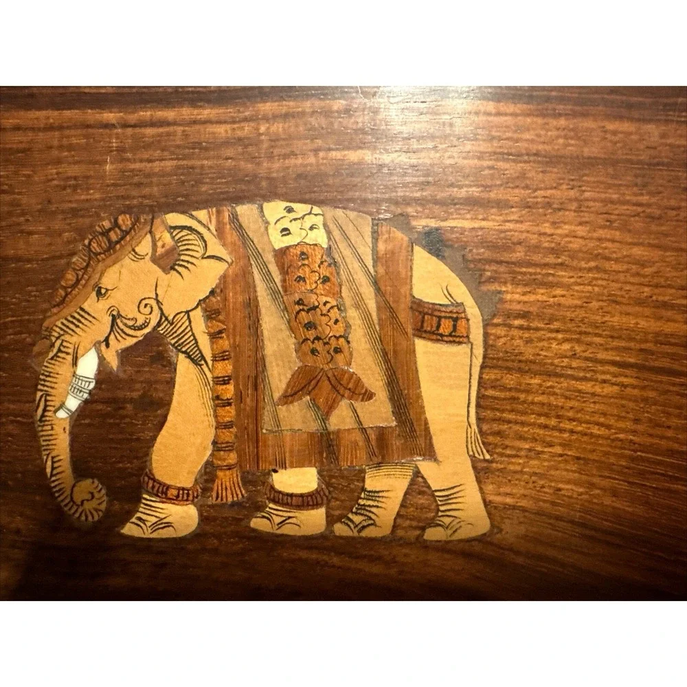 Vintage African Elephant Inlay Wooden Box 5x4 Folk Art storage decor